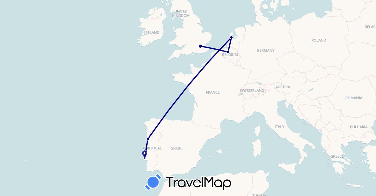 TravelMap itinerary: driving in Belgium, United Kingdom, Netherlands, Portugal (Europe)